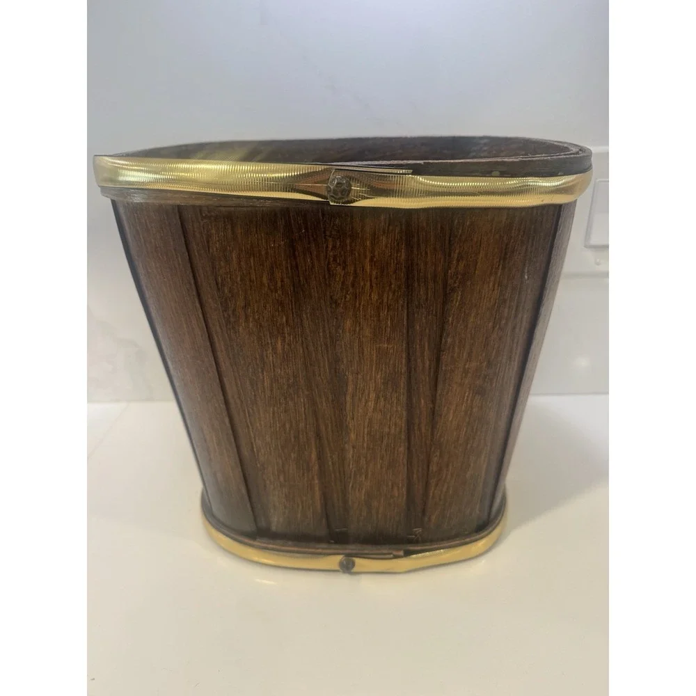 Vintage Basketville Putney Vermont Wood Wastebasket Brass Eagle Trash Can 11.5